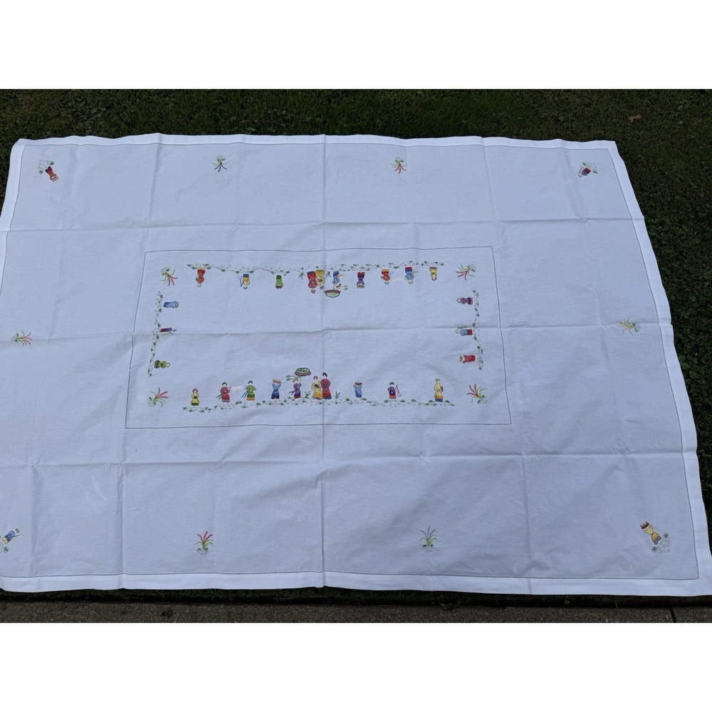 Hand Embroidered Rectangle 79"x55" White Cotton Table Cloth Tan My Hanoi Unused